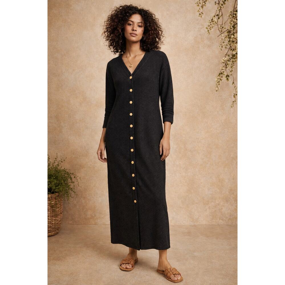 STYLE New York Black Textured Button Front Long Sleeve Maxi Dress Size M